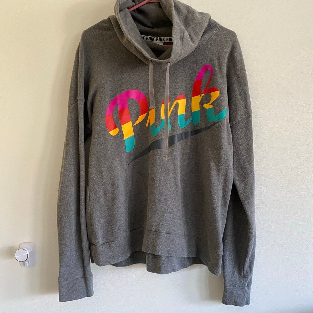 Victorias Secret Pink Graphic COWL NECK LIMITED‎ ED Pullover Sweatshirt M Gray